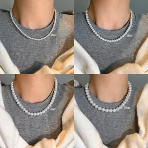 Comparison of four pearl necklace sizes: 4cm, 6cm, 8cm, and 10cm on a model