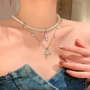 Elegant double layer pearl necklace with sparkling cross pendant charms for women