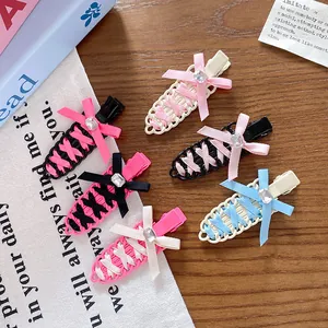 Stylish Balletcore ribbon woven hair clips with rhinestone bow decoration for women