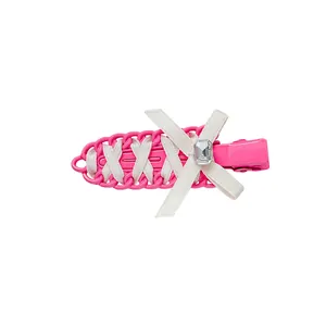 Ballet style hot pink hair clip with white ribbon weaving and center crystal gemstone.