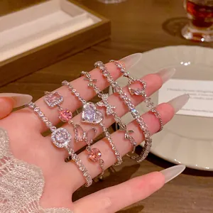 Luxury Korean style copper bracelets with sparkling cubic zirconia and pink cat's eye stones