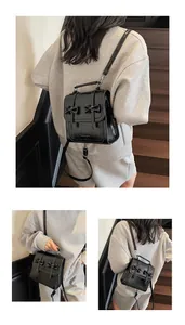 Detailed shots of stylish black patent leather backpack featuring two cute bow accents