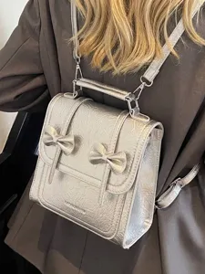 Women Fashion PU Leather Bowknot Backpack Stylish Small Rucksack Travel School Bookbag For Ladies Daily Versatile Hand-Carry Bag