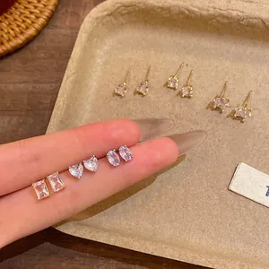 Korean Minimalist Copper Rhinestone Stud Earrings With 925 Sterling Silver Post Geometric Heart Star Dainty Jewelry For Women