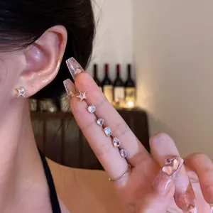 Korean style dainty micro-inlaid zircon ear studs set in multiple geometric shapes