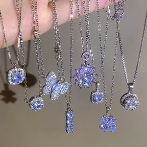 Luxury High-End Zirconia Titanium Steel Necklace For Women Ins Style Shiny Sugar Cube Pendant Clavicle Chain Jewelry Gift