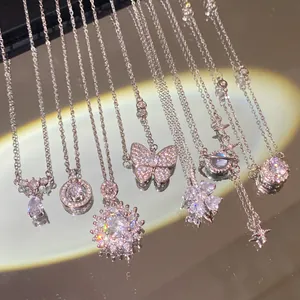 Luxury sparkling zircon stainless steel necklaces with butterfly and flower pendants