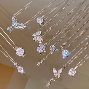 Luxury zircon titanium steel necklace set with sparkling butterfly and heart pendants