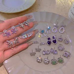 Elegant Korean zircon tassel earrings and purple heart stud collection for women.