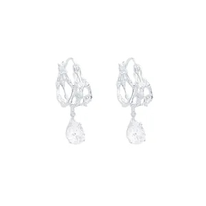 Elegant silver hoop earrings with pear-shaped zirconia drop on a clean white background.