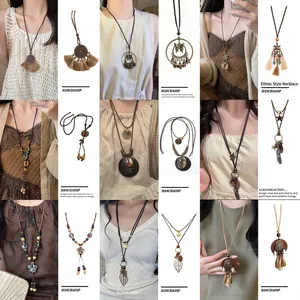 Bohemian Ethnic Style Long Necklace For Women Vintage Ceramic Feather Pendant Handmade Leather Cord Zen Sweater Chain Jewelry