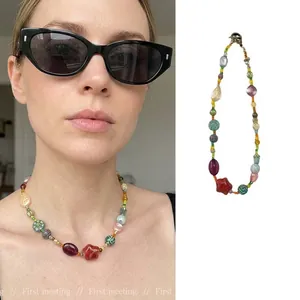 Handmade multi-color ceramic beaded necklace in bohemian ethnic style for women