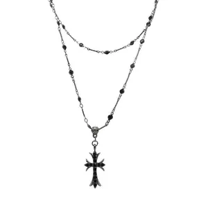 Vintage gothic double-layer black cross necklace for women with beads and stones