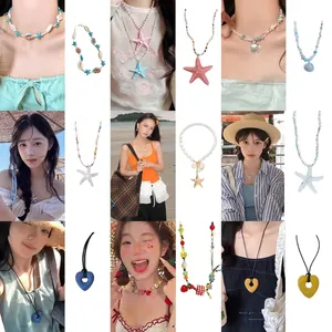Starfish and shell necklace set with heart pendants in colorful Bohemian beach style
