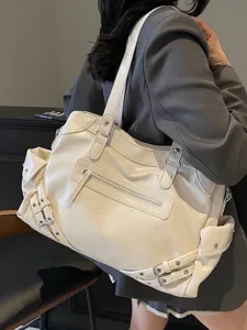 Large Capacity Women PU Leather Tote Bag Rivet Buckle Shoulder Bag Vintage Motorcycle Style Commuter Shopper Bag For School