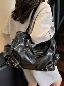 Large capacity black shiny tote bag with silver hardware for women commuting