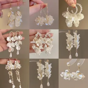 Elegant Floral Tassel Stud Earrings For Women 925 Sterling Silver Post Artificial Pearl Rhinestone Dangle Earrings Fashion Jewelry