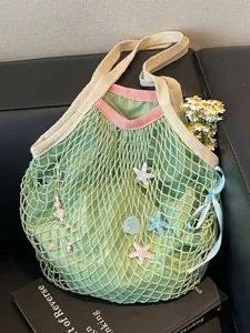 Large Capacity Hollow Woven Tote Bag For Women Casual Cotton Mesh Shoulder Bag With Starfish Shell Decor Summer Beach Handbag
