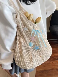 Stylish large capacity cream mesh tote bag with cute starfish charms and a blue ribbon bow