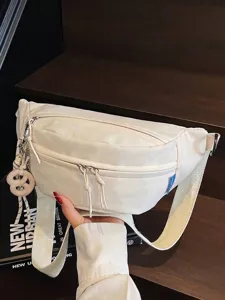 Borsa a tracolla in tela bianco crema per donna con tracolla regolabile e accessorio