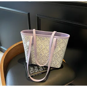 Modern Chinese style canvas tote bag with floral patterns and a lavender tassel