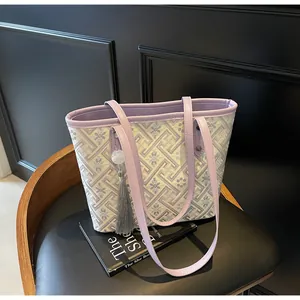 New Chinese style canvas tote bag with purple handles and elegant floral pattern
