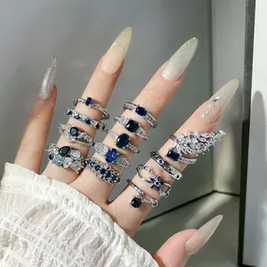 Personalisierte Blau Zirkonia Kollektion Offener Ring Für Damen Minimalistisch Geometrisch Kupfer Eingelegter Fingerring