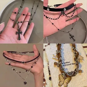 Vintage gothic double-layer cross pendant necklace and leather choker set for women