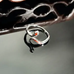 Macro view of minimalist silver snake ring with red enamel detail on reflective base