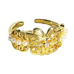 Elegante gouden vlinder open ring met parels en kristallen accenten voor dames