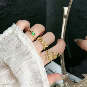 Golden Snake Wrap Open Ring For Women Trendy Copper Zirconia Green Eye Serpent Adjustable Animal Zodiac Finger Ring Jewelry Gift