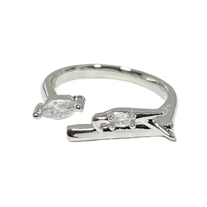 Minimalist silver marquise zircon open ring with elegant adjustable band for women