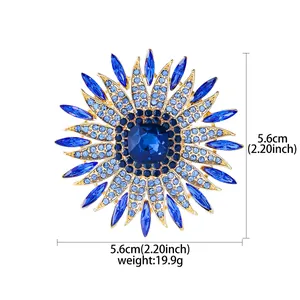 Elegant crystal sunflower brooch with blue rhinestones and detailed 5.6cm size measurement