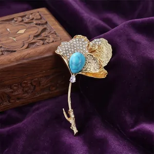 Elegant Ginkgo Leaf Brooch Zinc Alloy Rhinestone Imitation Turquoise Corsage Pin For Women Suit Jacket Dress Jewelry Accessory