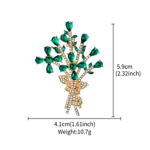 Detailed view of green crystal flower bouquet brooch with 5.9cm size and 10.7g weight