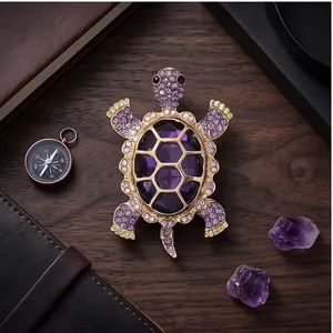 Creative Turtle Brooch Pin For Women Alloy Rhinestone Animal Lapel Pin Gold Plated Purple Glass Crystal Brooch Pin Fashion Jewelry Gift Accessory
