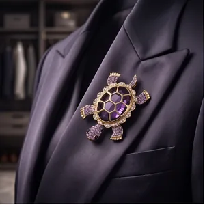 Luxurious purple crystal turtle brooch for suit blazers, elegant gold alloy animal pin design.