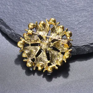 Detailansicht der Rückseite einer goldenen Vintage-Blumenbrosche mit Sicherheitsnadel.