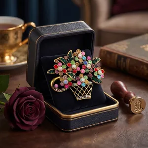 Exquisite vintage colorful flower basket brooch displayed in a luxury jewelry box.