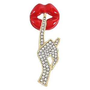Elegant sexy red lips brooch featuring a rhinestone shhh hand gesture accessory