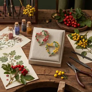 Elegant heart-shaped mimosa berry brooches displayed on a vintage botanical workbench