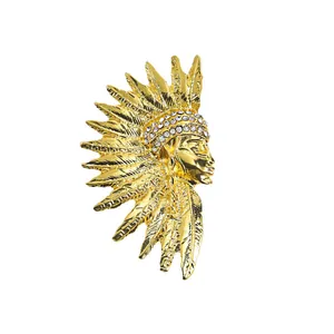 Vintage gold Egyptian Pharaoh head brooch for men with sparkling crystal accents