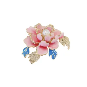 Elegant pink peony flower brooch with center pearl and blue leaves for women's accessories