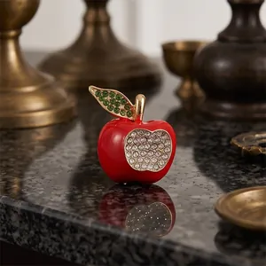 Elegant red apple brooch pin featuring sparkling green and clear rhinestones for women