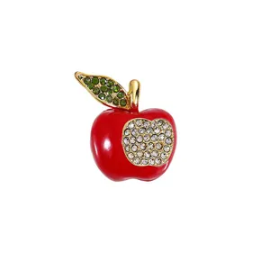 Elegant red enamel apple brooch with sparkling rhinestones and green leaf detail