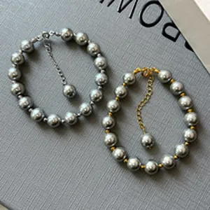 Elegant Gray Glass Artificial Pearl Bracelet For Women 24K Gold Plated Brass Geometric Luxury Jewelry With Extender Chain