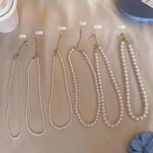 Pearl necklace detail showing comparison of bead sizes from 3mm up to 9mm.