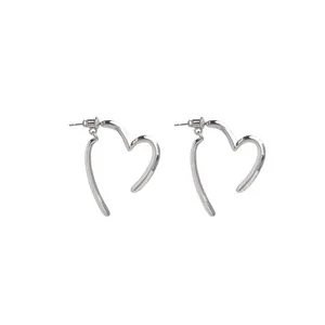 Minimalist silver-colored open heart outline stud earrings on white background