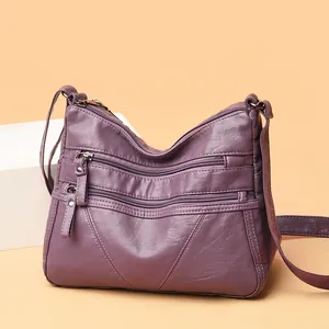 Soft washed leather crossbody bag with multiple functional zipper pockets for women