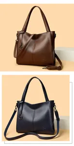 Large capacity pebbled leather tote bags in brown and navy blue with shoulder strap